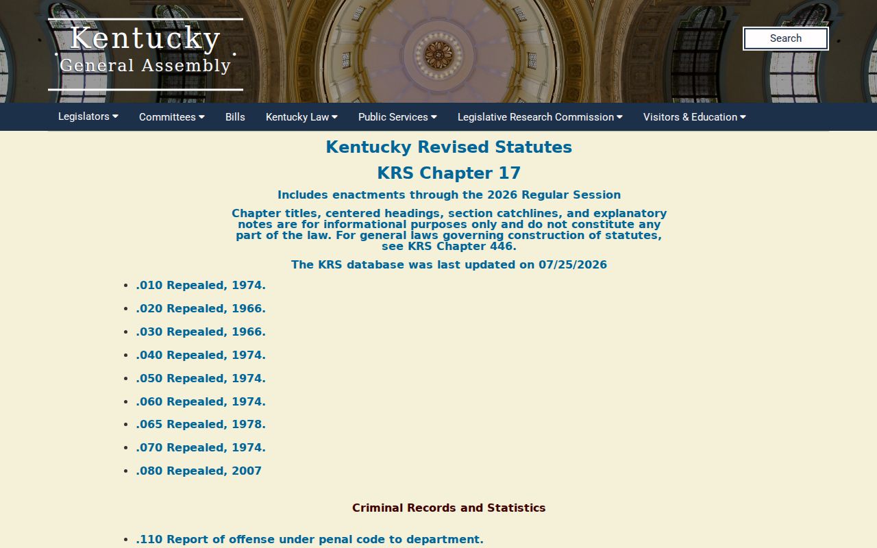 Menifee County sex offender registry statutes in Kentucky Chapter 17