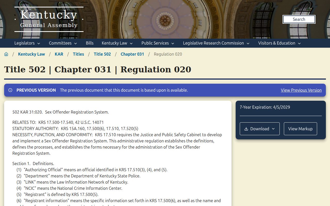 Menifee County sex offender registration rules in Kentucky regulation